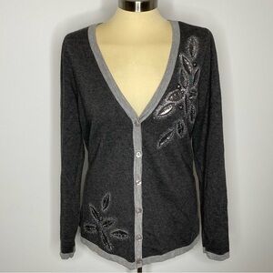 Christopher & Banks Grey Floral Embellished Button Front Cardigan